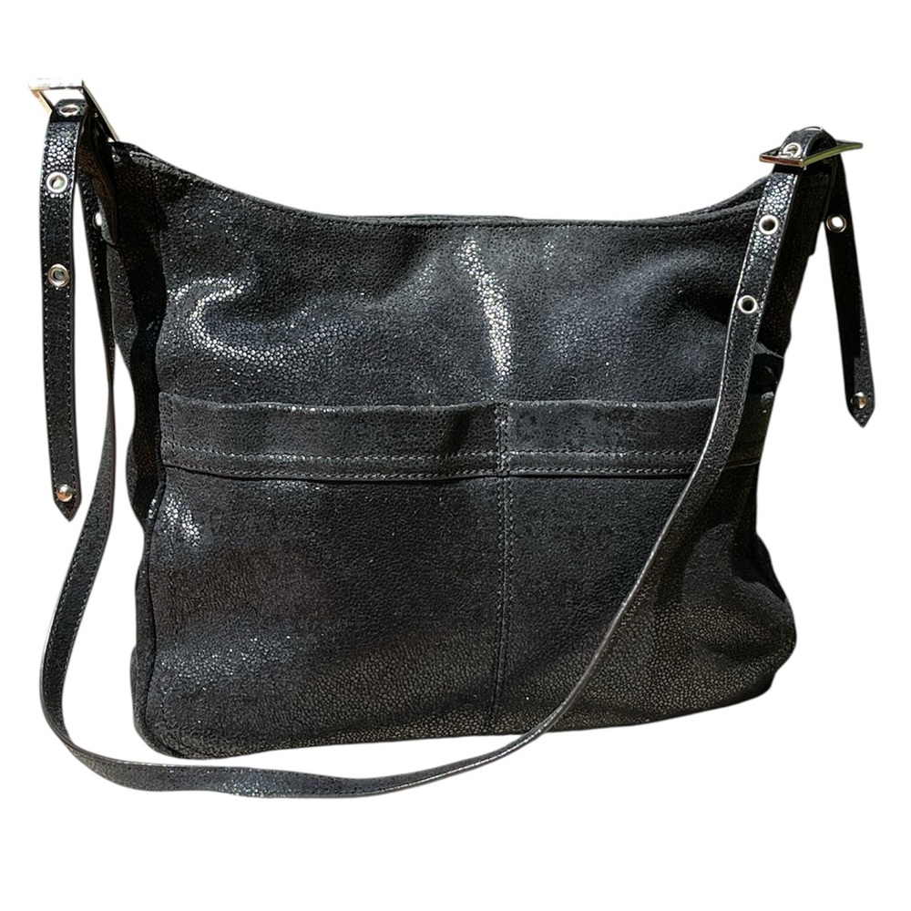 B. Makowsky Black Suede Shoulder Bag with Adjustable Straps